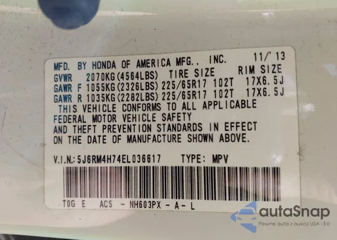 2014 Honda Cr-V Ex-L z USA, uszkodzony, nr VIN 5J6RM4H74EL036617